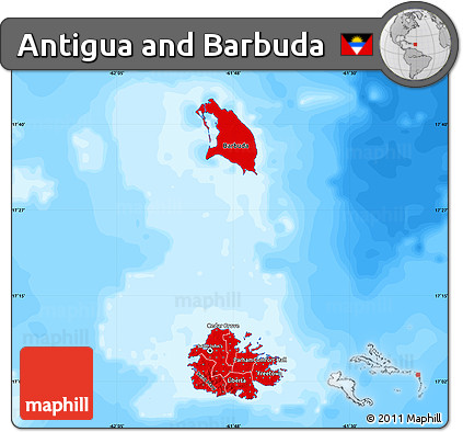 Flag Map of Antigua and Barbuda, single color outside, bathymetry sea, flag rotated