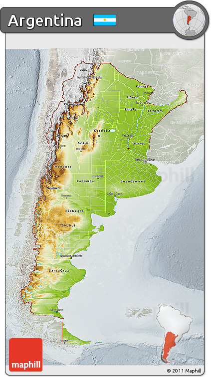 Physical 3D Map of Argentina, lighten, semi-desaturated