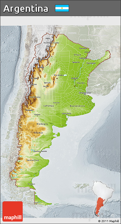 Physical 3D Map of Argentina, lighten, semi-desaturated