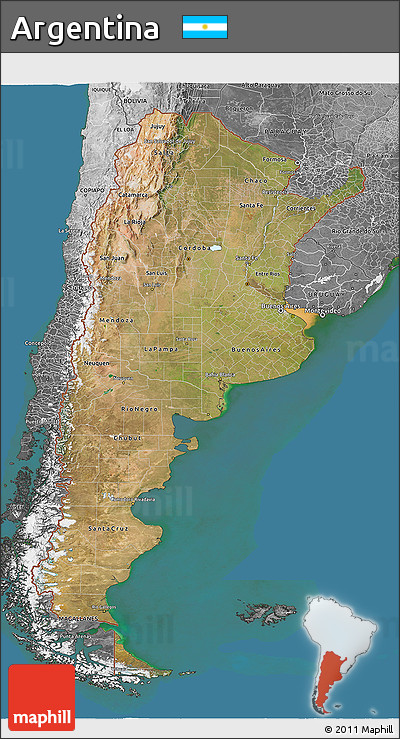 Satellite 3D Map of Argentina, desaturated, land only