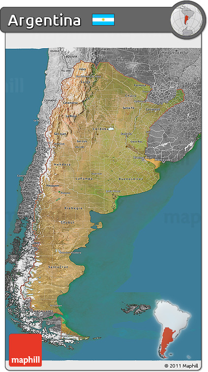 Satellite 3D Map of Argentina, desaturated, land only