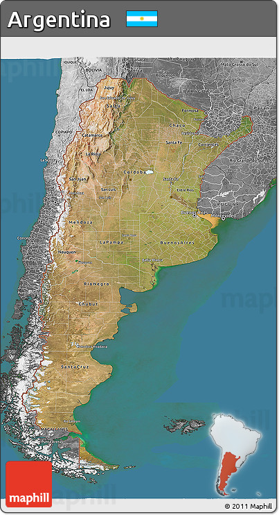 Satellite 3D Map of Argentina, desaturated, land only