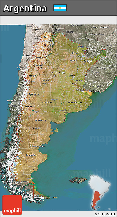 Satellite 3D Map of Argentina, semi-desaturated, land only