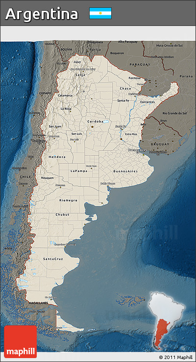Shaded Relief 3D Map of Argentina, darken
