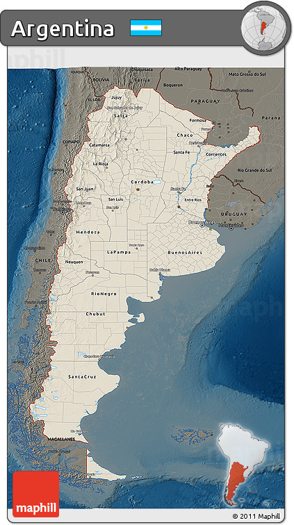 Shaded Relief 3D Map of Argentina, darken