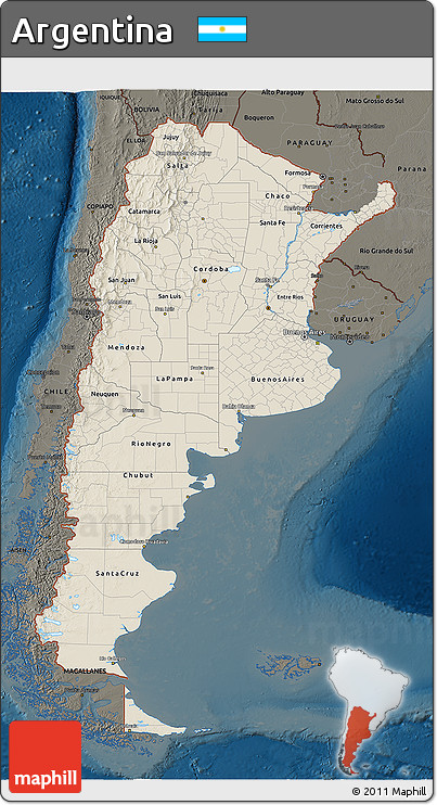 Shaded Relief 3D Map of Argentina, darken