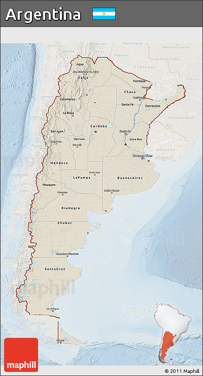 Shaded Relief 3D Map of Argentina, lighten
