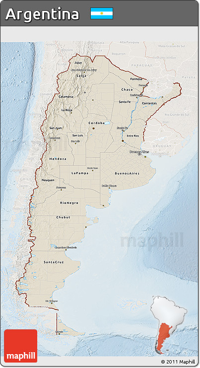 Shaded Relief 3D Map of Argentina, lighten