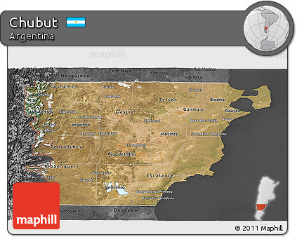 Satellite 3D Map of Chubut, darken, desaturated