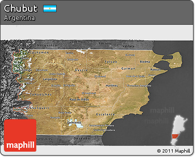 Satellite 3D Map of Chubut, darken, desaturated