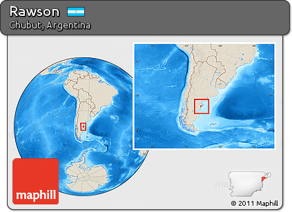 Shaded Relief Location Map of Rawson, within the entire country