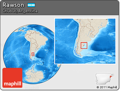 Shaded Relief Location Map of Rawson, within the entire country