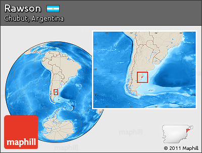 Shaded Relief Location Map of Rawson, within the entire country