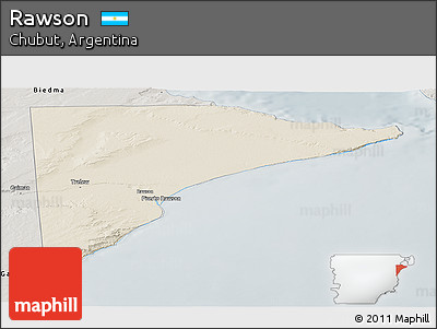 Shaded Relief Panoramic Map of Rawson, semi-desaturated
