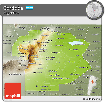 Physical Panoramic Map of Cordoba, semi-desaturated