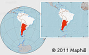 Gray Location Map of Argentina, highlighted continent, within the entire continent, hill shading