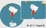 Satellite Location Map of Argentina, highlighted continent, within the entire continent