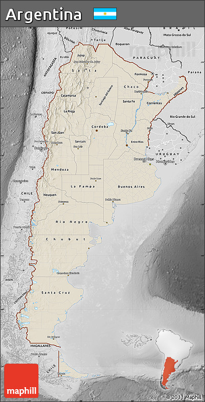 Shaded Relief Map of Argentina, desaturated