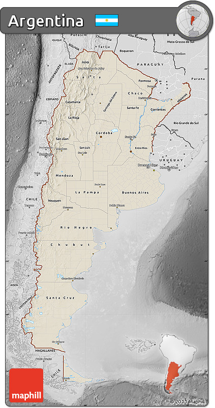 Shaded Relief Map of Argentina, desaturated