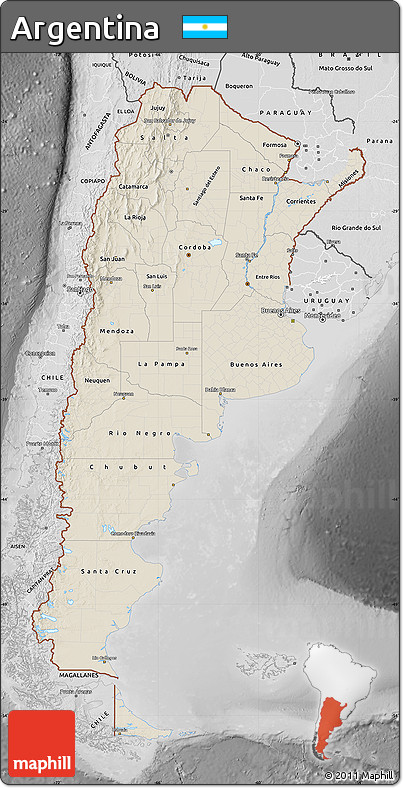 Shaded Relief Map of Argentina, desaturated
