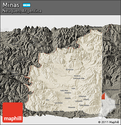 Shaded Relief Panoramic Map of Minas, darken