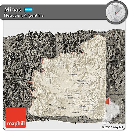 Shaded Relief Panoramic Map of Minas, darken
