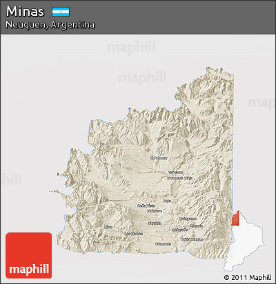 Shaded Relief Panoramic Map of Minas, single color outside