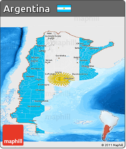 Flag Panoramic Map of Argentina, single color outside, bathymetry sea, flag rotated