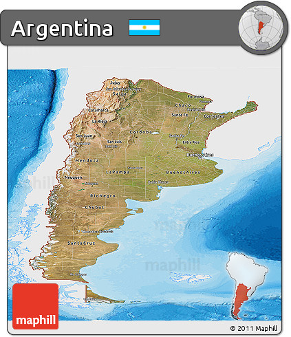 Satellite Panoramic Map of Argentina, single color outside, bathymetry sea, shaded relief sea