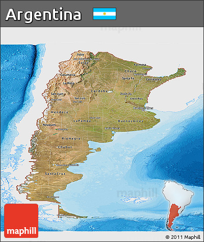 Satellite Panoramic Map of Argentina, single color outside, bathymetry sea, shaded relief sea