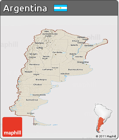 Shaded Relief Panoramic Map of Argentina, cropped outside