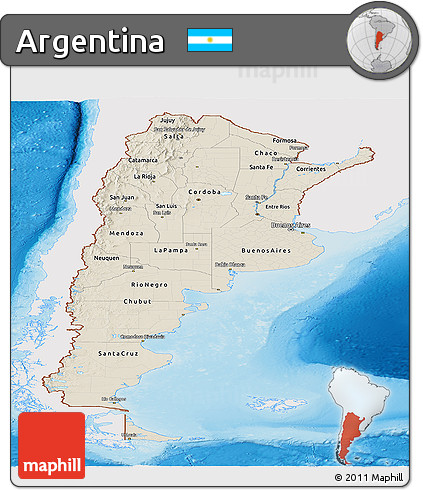 Shaded Relief Panoramic Map of Argentina, single color outside