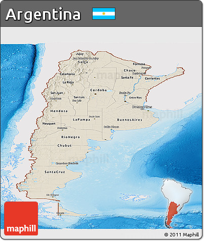 Shaded Relief Panoramic Map of Argentina, single color outside