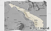 Shaded Relief Panoramic Map of Valle Fertil, darken, desaturated
