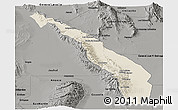 Shaded Relief Panoramic Map of Valle Fertil, darken, semi-desaturated