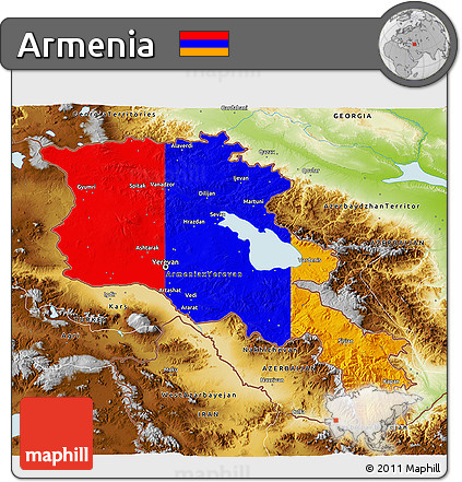 Flag 3D Map of Armenia, physical outside, flag aligned to the middle