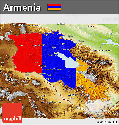 Flag 3D Map of Armenia, physical outside, flag aligned to the middle