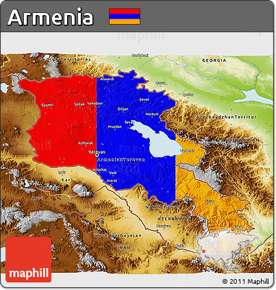 Flag 3D Map of Armenia, physical outside, flag aligned to the middle