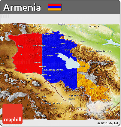 Flag 3D Map of Armenia, physical outside, flag rotated