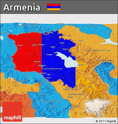 Flag 3D Map of Armenia, political outside, flag aligned to the middle
