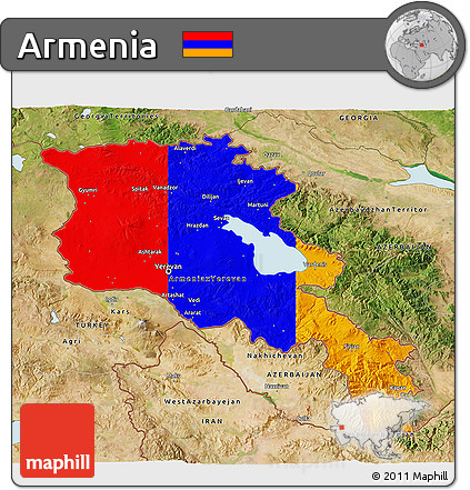 Flag 3D Map of Armenia, satellite outside, flag aligned to the middle