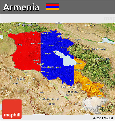 Flag 3D Map of Armenia, satellite outside, flag aligned to the middle