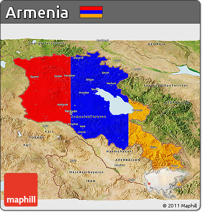 Flag 3D Map of Armenia, satellite outside, flag aligned to the middle