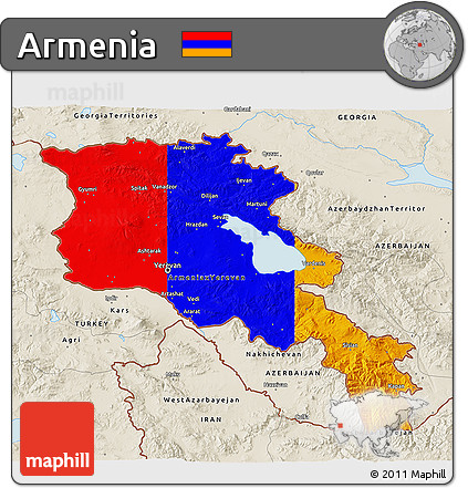 Flag 3D Map of Armenia, shaded relief outside, flag rotated