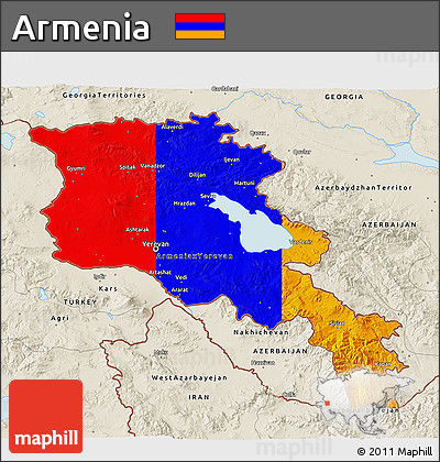 Flag 3D Map of Armenia, shaded relief outside, flag rotated