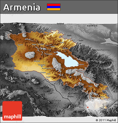 Physical 3D Map of Armenia, darken, desaturated