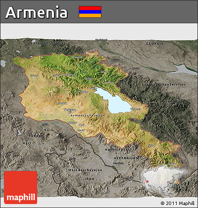 Satellite 3D Map of Armenia, darken, semi-desaturated
