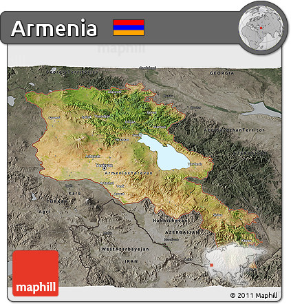 Satellite 3D Map of Armenia, darken, semi-desaturated