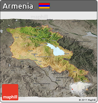 Satellite 3D Map of Armenia, darken, semi-desaturated