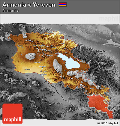 Physical 3D Map of Armenia X Yerevan, darken, desaturated